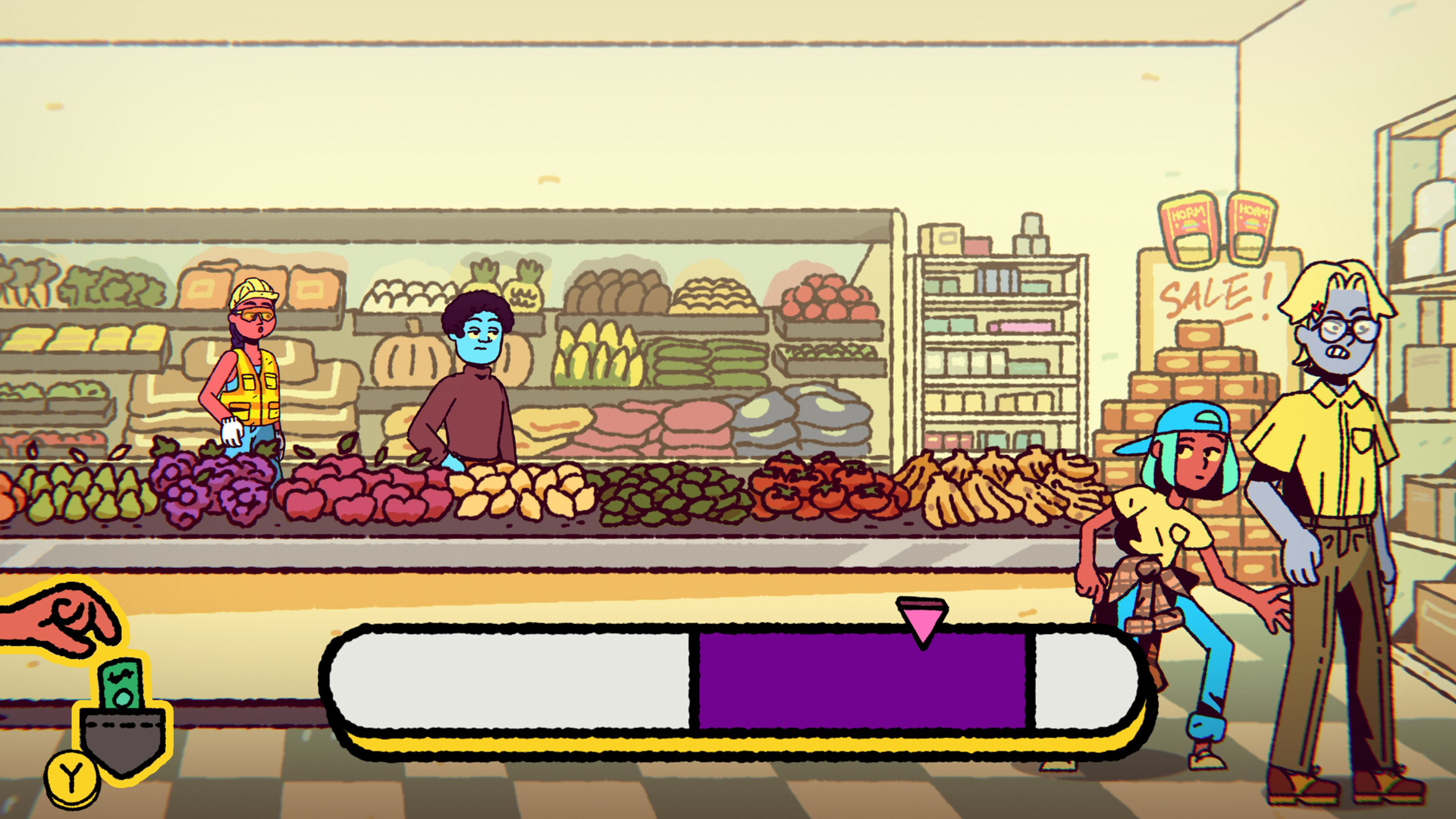 Ali pickpocketing one of her classmates in the grocery store. The pickpocketing minigame is shown on the bottom of the screen.