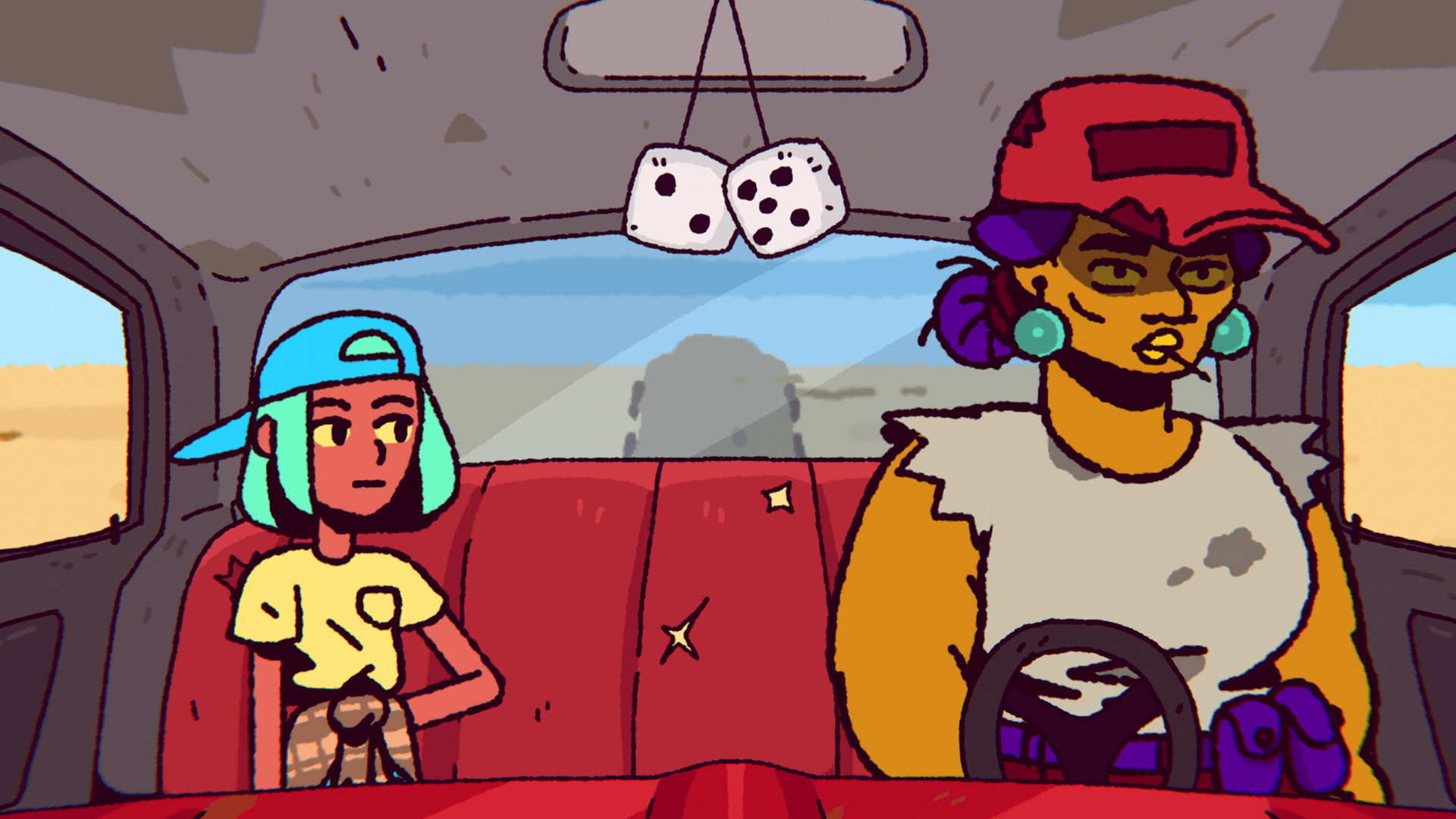 Ali sitting in a truck with an older woman wearing a trucker hat, with fuzzy dice in the window.