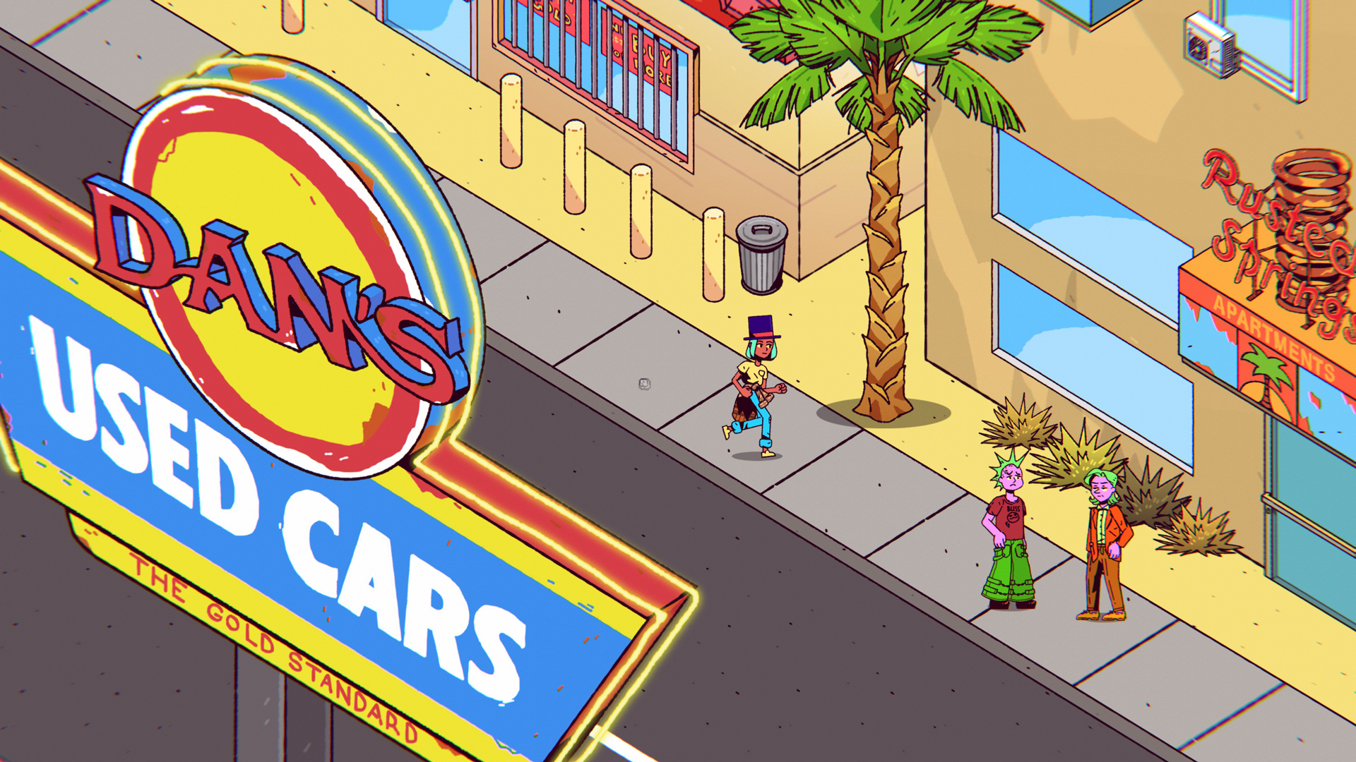 Ali running around a rough part of town wearing a top hat. A sign reading 'Dan's Used Cars' is in the foreground.