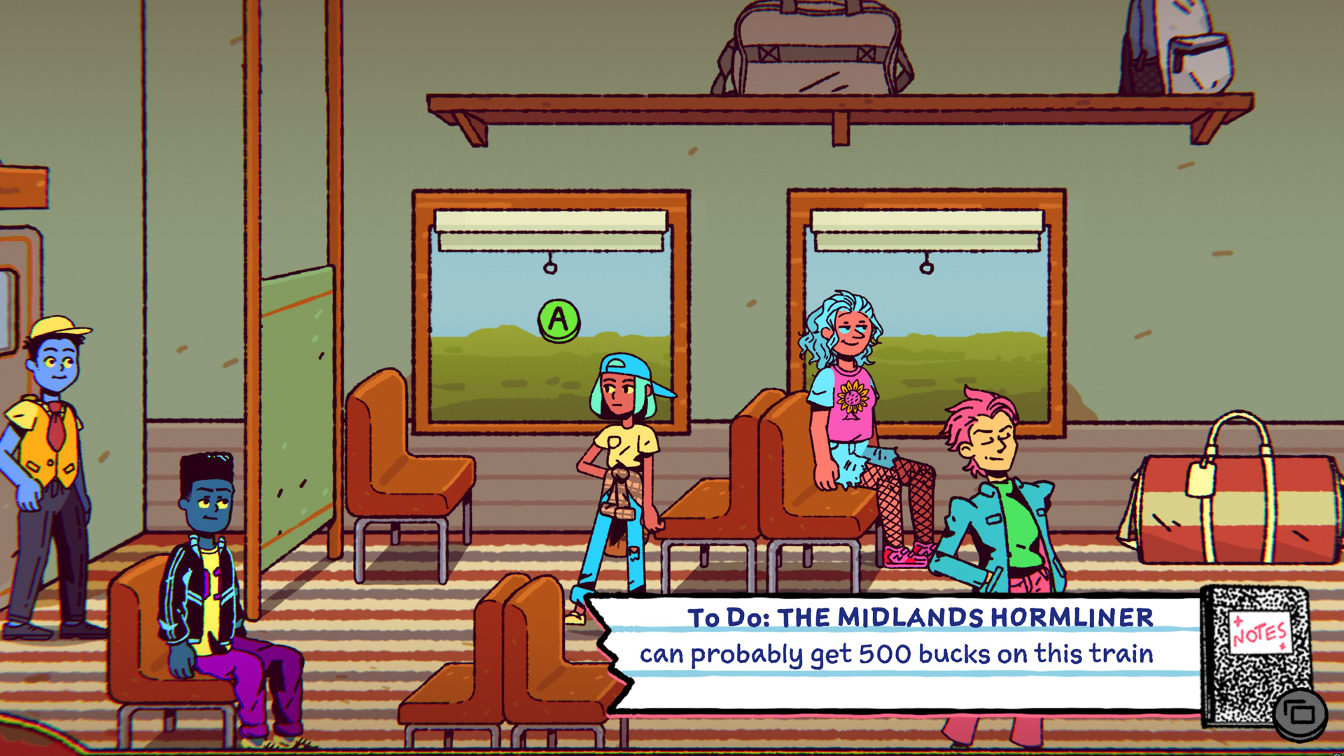 Ali standing in a train car with other passengers. A notebook objective is displayed near the bottom of the screen that reads, 'To do: THE MIDLANDS HORMLINER - Can probably get 500 bucks on this train.'