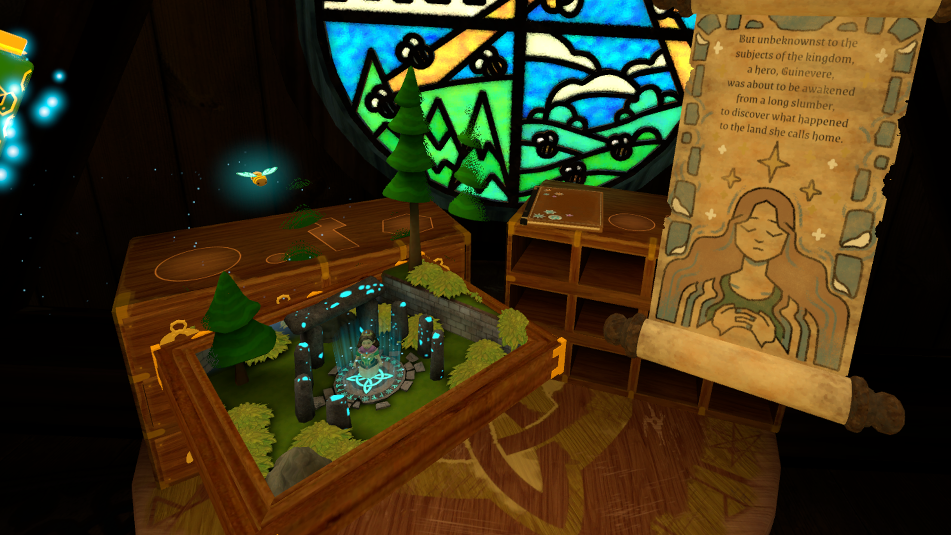 A screenshot showing Guinevere on a glowing platform with a magical bee hovering above her and a story scroll beside her.