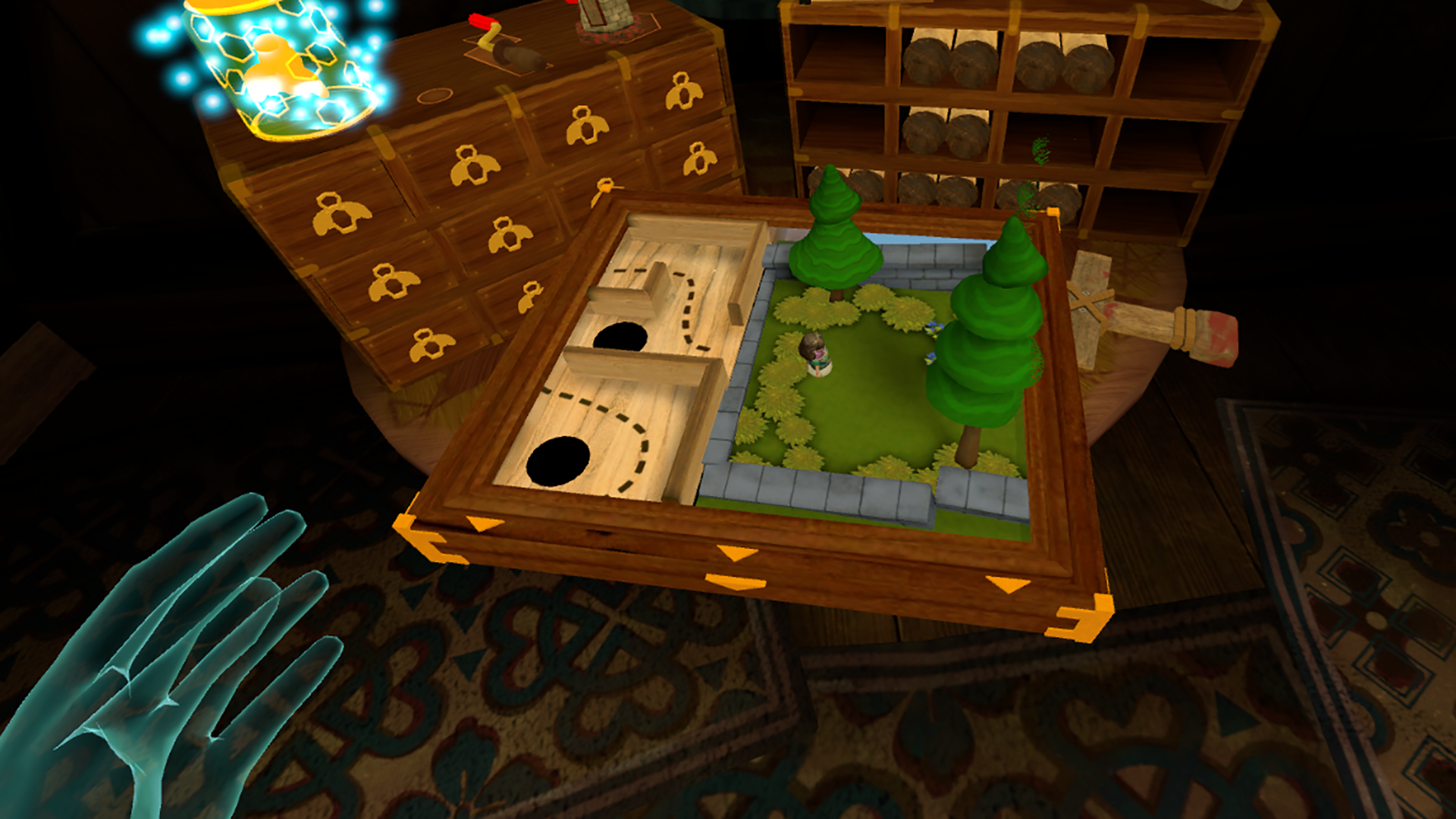 Screenshot showing Guinevere, your marble toy, leaving the wooden labyrinth and entering the world of Camelot on a magical board.