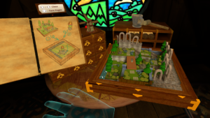 A screenshot showing Guinevere rolling through a grassy level while the player looks at sketches in a notebook left by their grandmother.