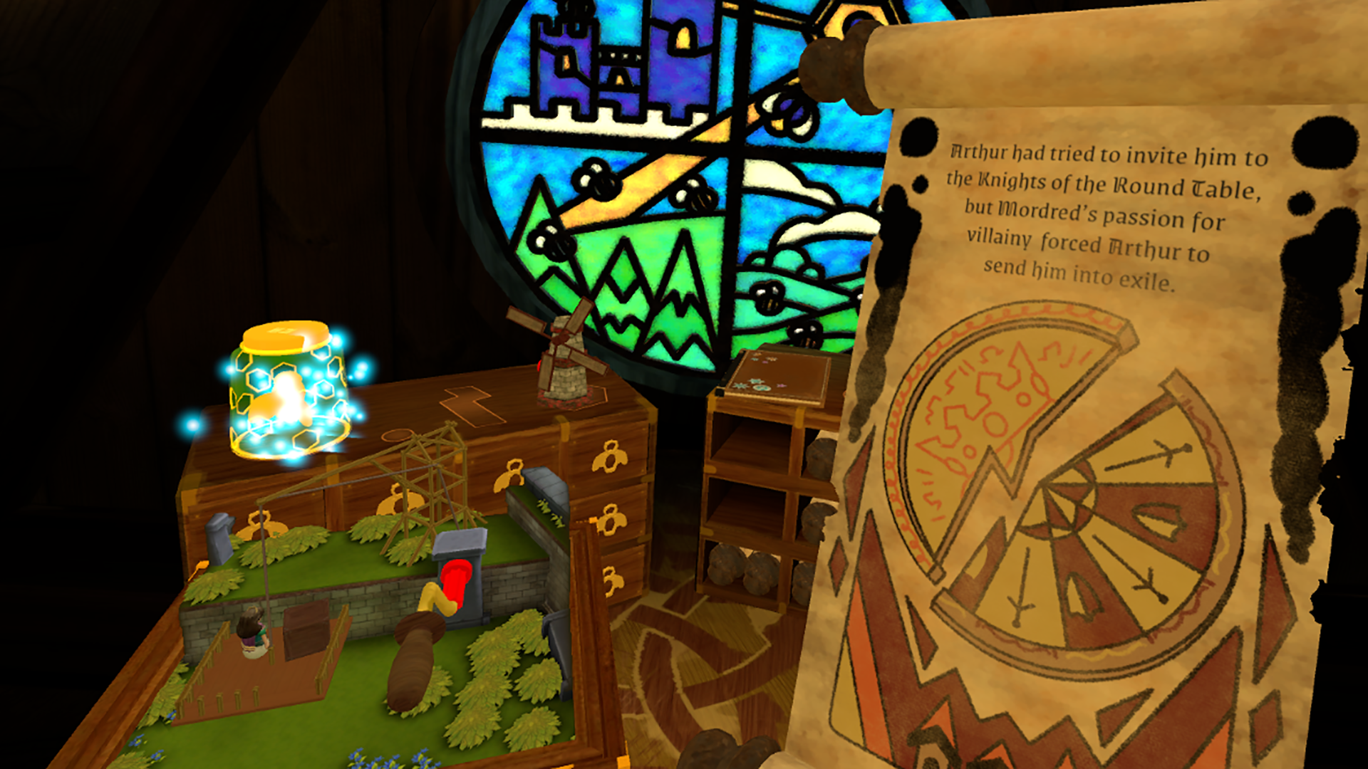 A screenshot showing the player solving a puzzle with Guinevere involving a crank and a platform, with a story scroll open to the side.