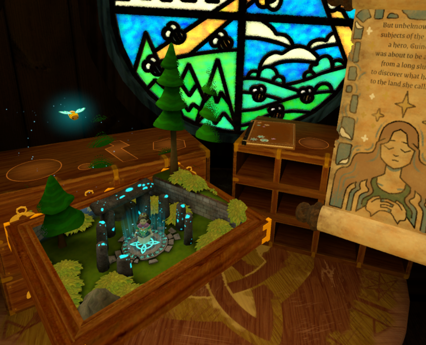 A screenshot showing Guinevere on a glowing platform with a magical bee hovering above her and a story scroll beside her.