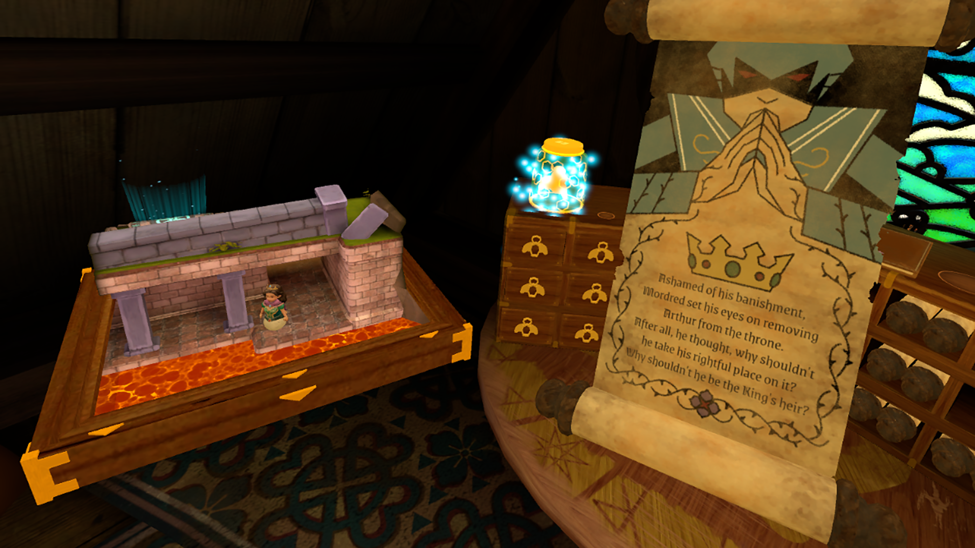A screenshot showing Guinevere traversing a narrow platform next to lava, with a story scroll depicting Mordred next to the game board.