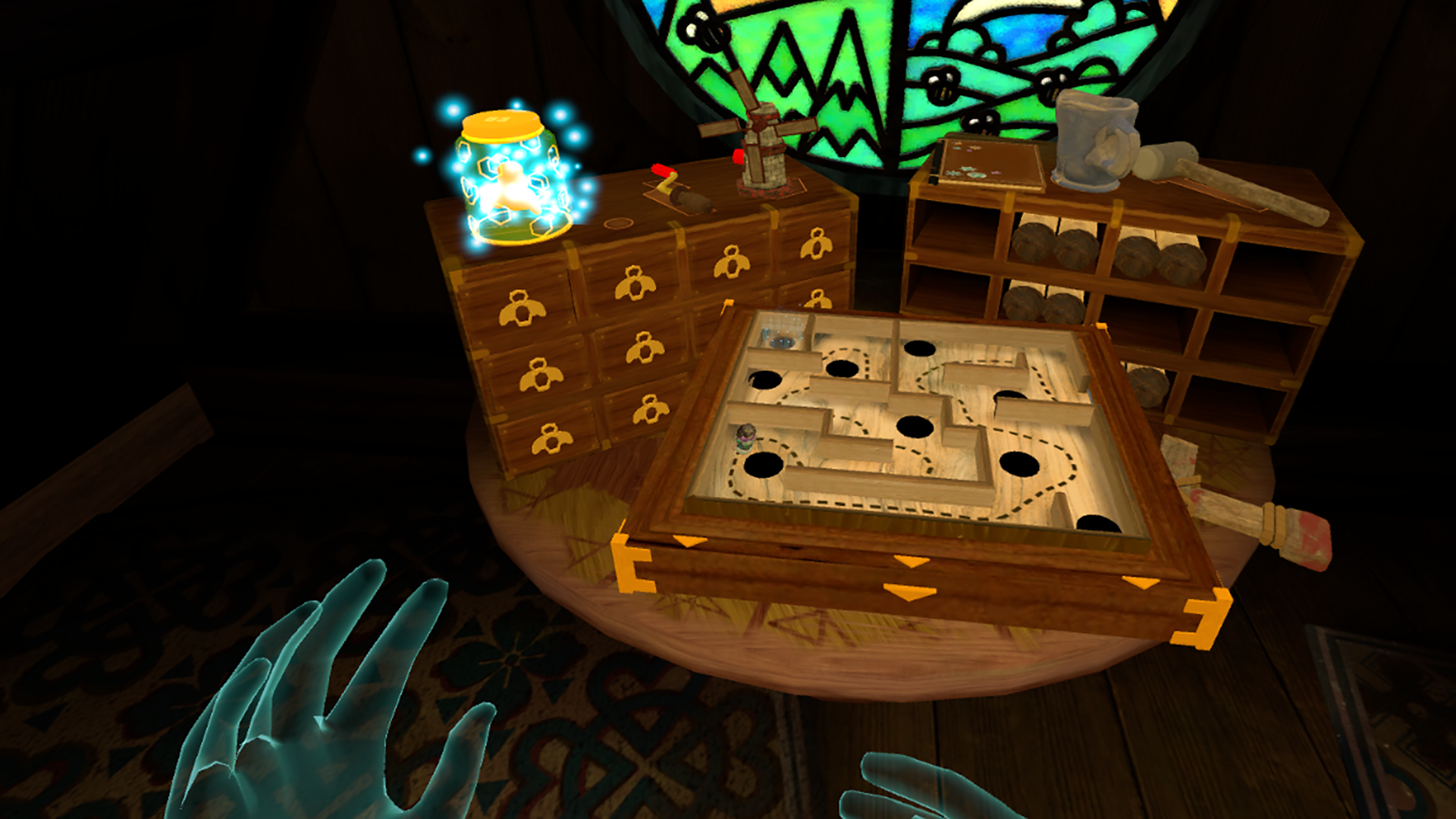 A screenshot showing Guinevere travelling through a wooden labyrinth on the game board.